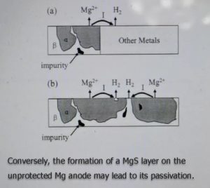 相反，在未受保護的鎂陽極上形成的MgS層可能會導致其鈍化。